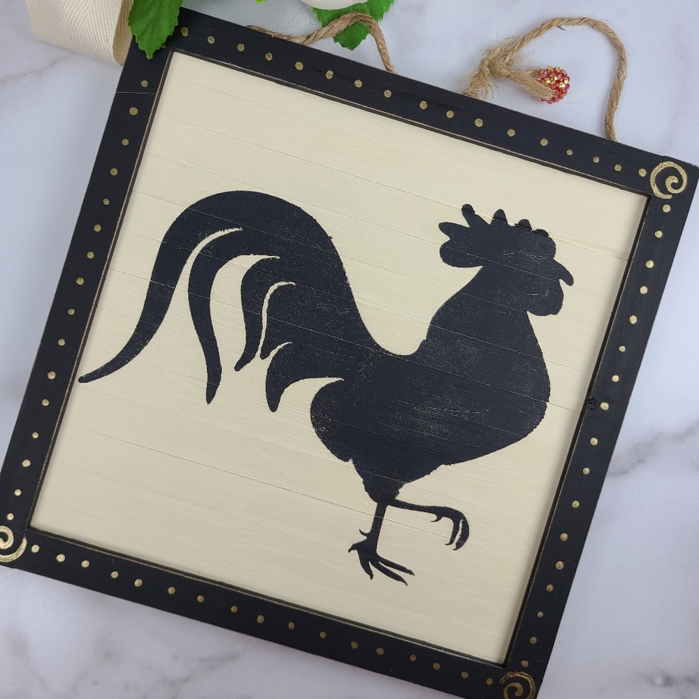 Rooster sign, hard wood, handcrafted in Maine. Upcycled charm. 9"